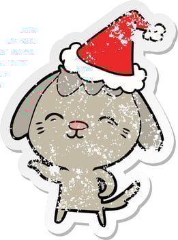 happy distressed sticker cartoon of a dog wearing santa hat vector