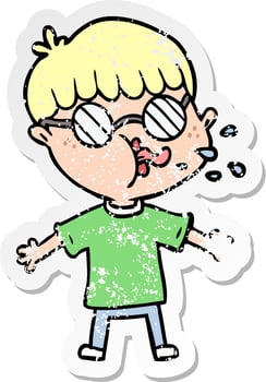 distressed sticker of a cartoon boy wearing spectacles vector