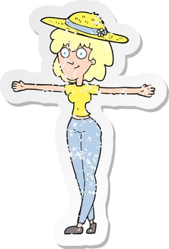 retro distressed sticker of a cartoon woman spreading arms vector