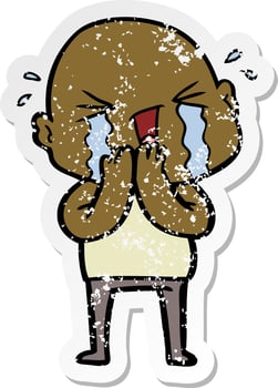distressed sticker of a cartoon crying bald man vector