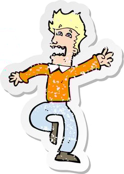 retro distressed sticker of a cartoon man panicking vector