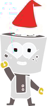 happy flat color illustration of a robot waving hello wearing santa hat vector