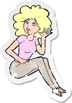 retro distressed sticker of a cartoon woman listening vector