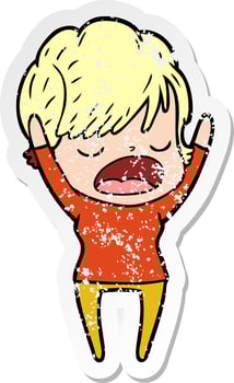 distressed sticker of a cartoon woman talking vector