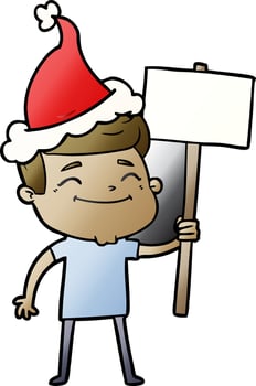 happy gradient cartoon of a man with placard wearing santa hat vector