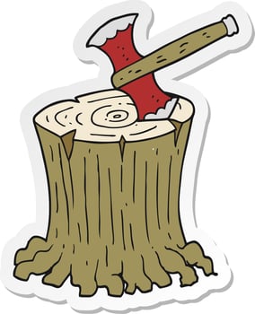 sticker of a cartoon axe in tree stump vector