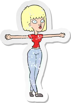 retro distressed sticker of a cartoon woman spreading arms vector