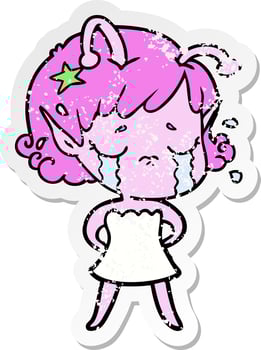 distressed sticker of a cartoon crying alien girl vector
