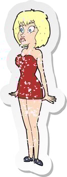 retro distressed sticker of a cartoon surprised woman in short dress vector