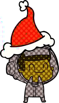 happy comic book style illustration of a astronaut wearing santa hat vector