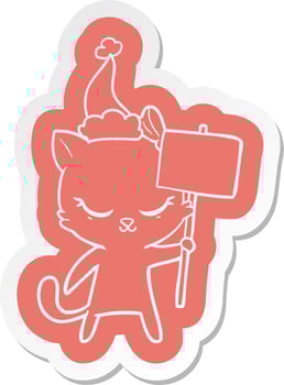 cute cartoon  sticker of a cat with sign wearing santa hat vector