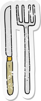 retro distressed sticker of a cartoon knife and fork vector