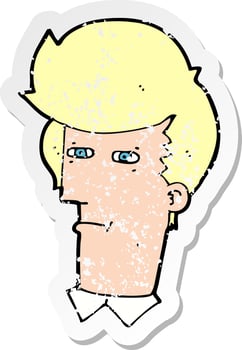 retro distressed sticker of a cartoon man narrowing eyes vector