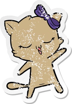 distressed sticker of a cartoon cat with bow on head vector