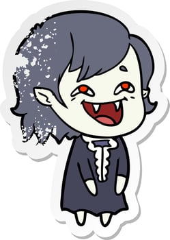 distressed sticker of a cartoon laughing vampire girl vector