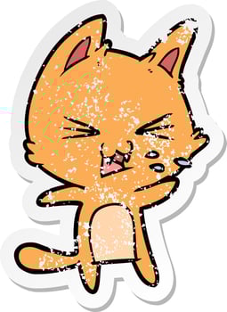 distressed sticker of a cartoon cat hissing vector