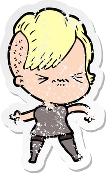 distressed sticker of a cartoon annoyed hipster girl vector