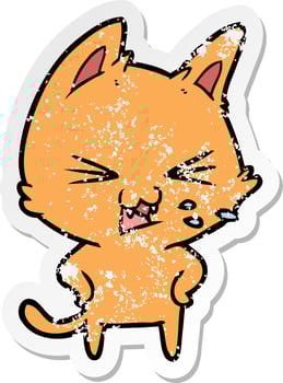 distressed sticker of a cartoon cat hissing vector