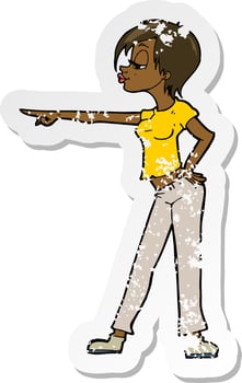 retro distressed sticker of a cartoon woman pointing vector