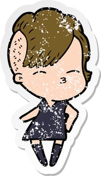 distressed sticker of a cartoon squinting girl in dress vector