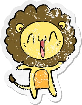 distressed sticker of a happy cartoon lion vector