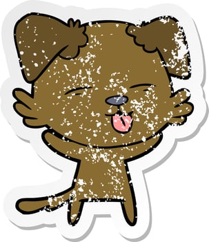 distressed sticker of a cartoon dog sticking out tongue vector