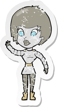 retro distressed sticker of a cartoon robot woman waving vector