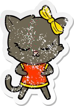 distressed sticker of a cute cartoon cat with bow vector
