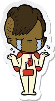 sticker of a cartoon crying girl wearing space clothes vector