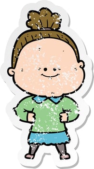 distressed sticker of a cartoon happy old woman vector