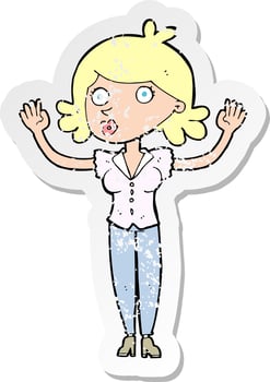 retro distressed sticker of a cartoon woman surrendering vector