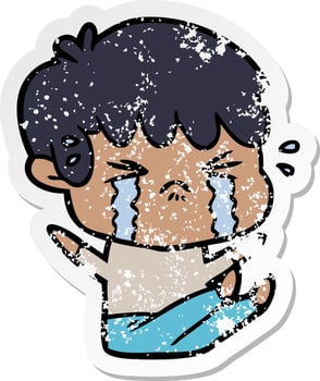 distressed sticker of a cartoon boy crying vector