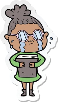 sticker of a cartoon crying woman wearing spectacles vector