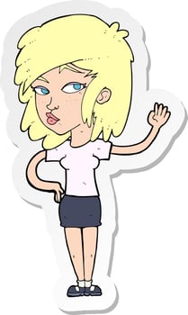 sticker of a cartoon pretty woman waving vector