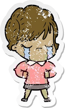 distressed sticker of a cartoon woman crying vector