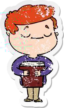 distressed sticker of a cartoon peaceful man carrying book vector