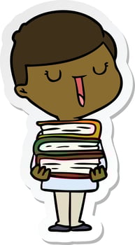 sticker of a cartoon happy boy with stack of books vector