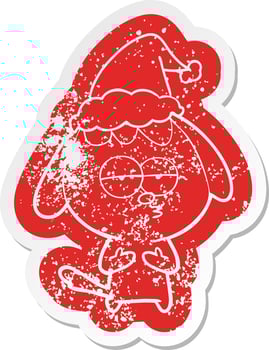 cartoon distressed sticker of a bored dog wearing santa hat vector