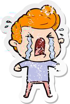 distressed sticker of a cartoon crying man vector