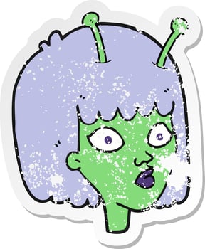 retro distressed sticker of a cartoon female alien vector