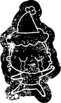 cartoon distressed icon of a crying old lady wearing santa hat vector