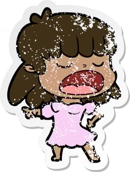 distressed sticker of a cartoon woman talking loudly vector