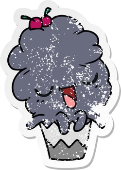 distressed sticker cartoon of kawaii octopus cupcake vector