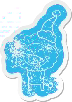 cartoon distressed sticker of a roaring lion wearing santa hat vector