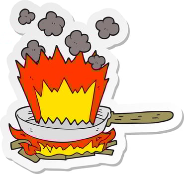 sticker of a cartoon frying pan on fire vector