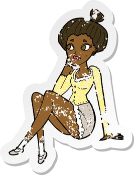retro distressed sticker of a cartoon attractive woman sitting thinking vector