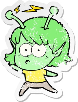 distressed sticker of a cartoon alien girl vector