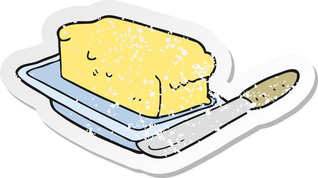 retro distressed sticker of a cartoon butter vector