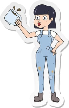 sticker of a cartoon female worker with coffee mug vector