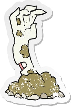 retro distressed sticker of a cartoon zombie hand rising from ground vector